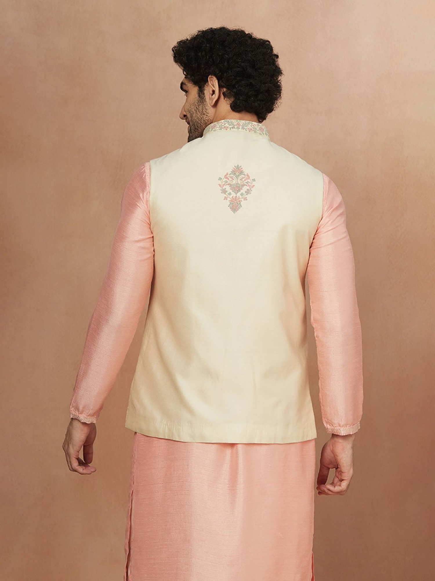 Manyavar Cream Floral Printed Nehru Jacket