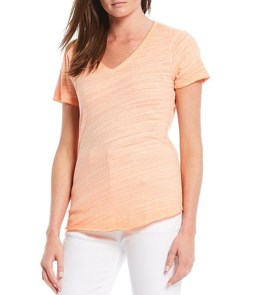 Reba Burnout V-Neck Short Sleeve Mineral Wash Slub Jersey Knit Tee