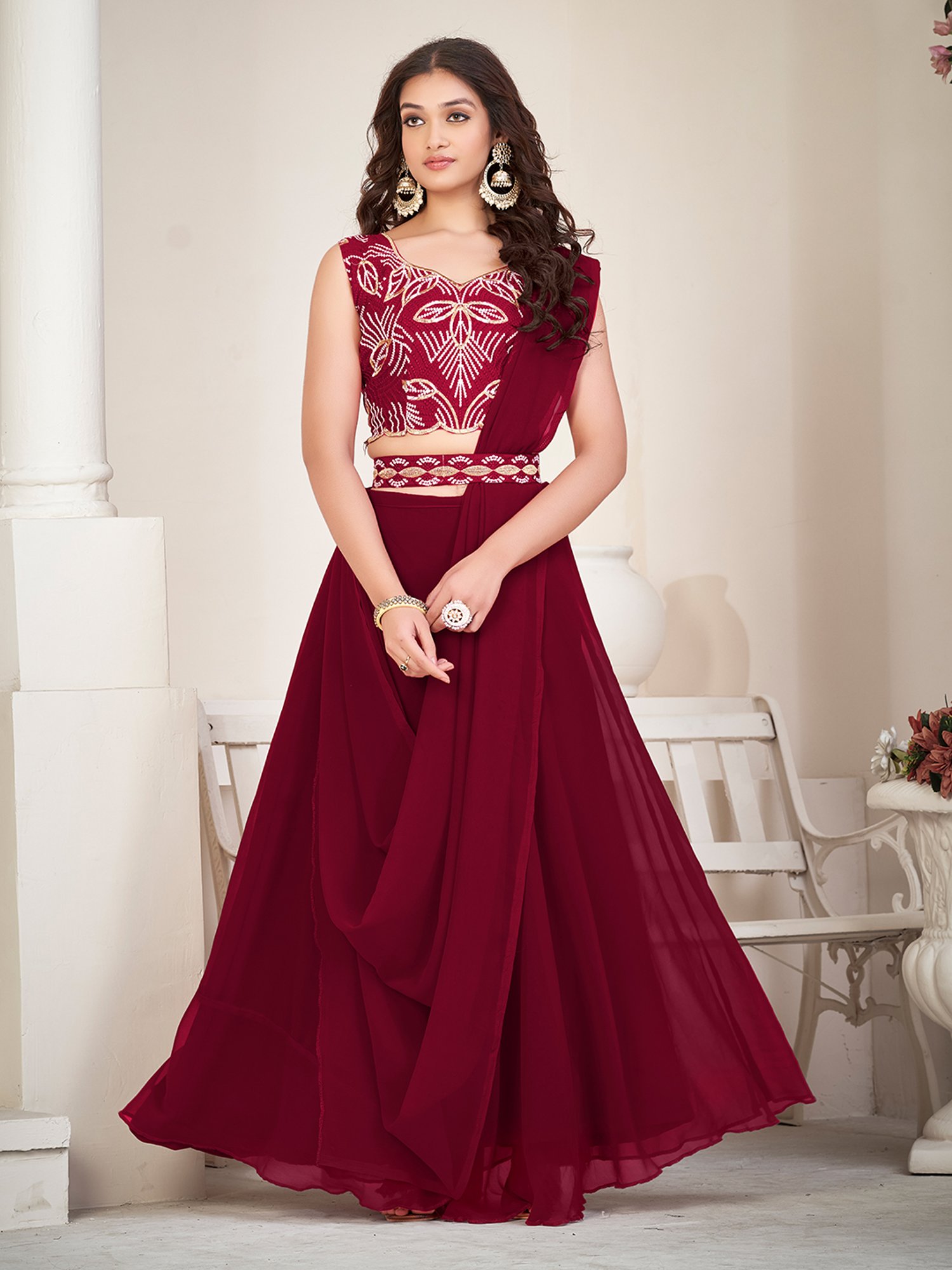 Warthy Ent Maroon Embroidered Lehenga Choli Set With Dupatta