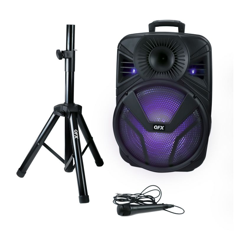 QFX PBX-615SM 15 Inch Rechargeable Bluetooth Portable Party Speaker System with LED Lights, Microphone, Stand, and Remote Control