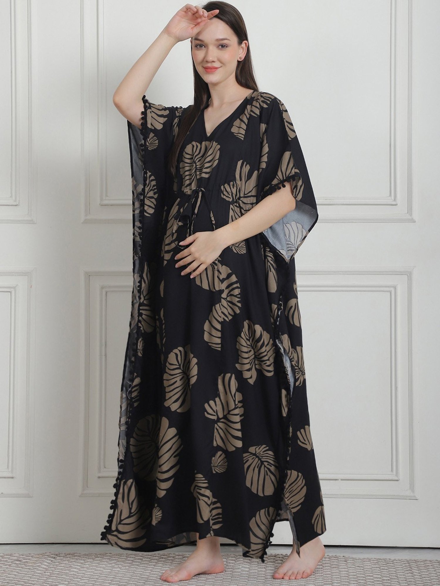 Secret Wish Black Floral Print Maternity Kaftan Nighty