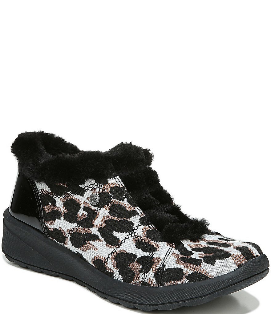 Bzees Premium Golden Leopard Print Faux Fur Lined Washable Wedge Booties