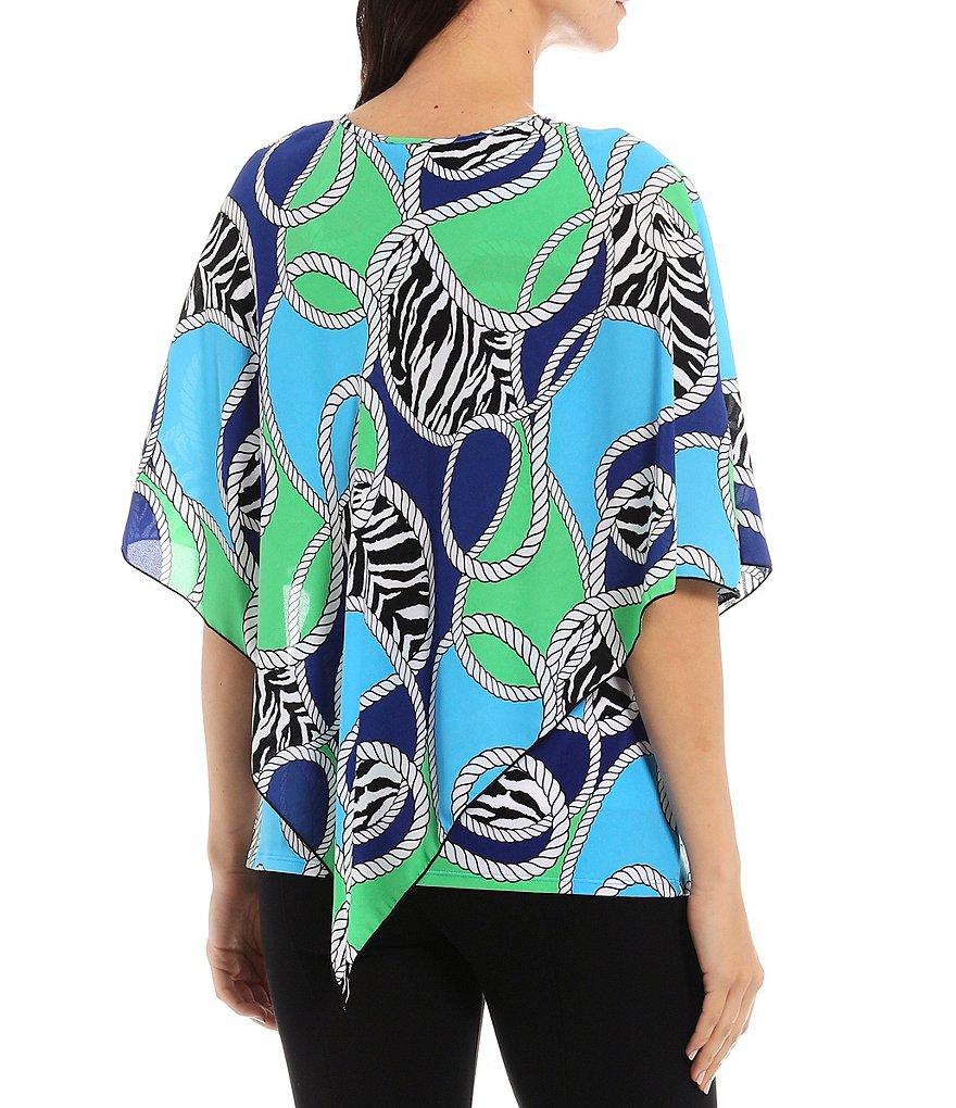 Slim Factor by Investments Zebra Rope Print Round Neck Handkerchief Overlay Poncho Top