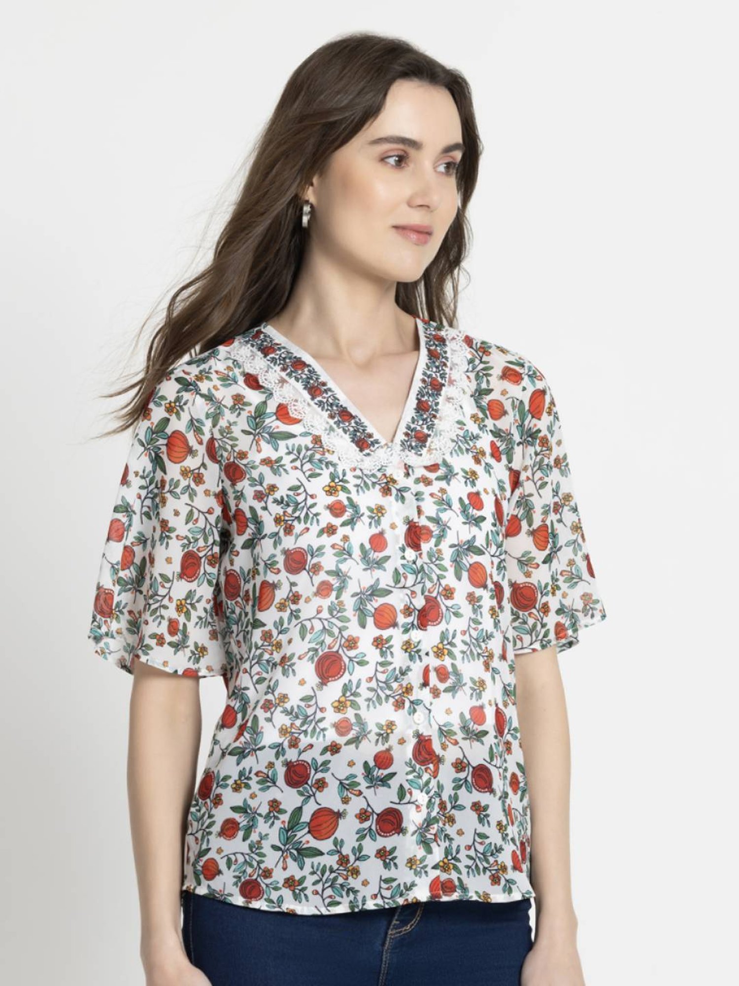 SHAYE White & Green Printed Top