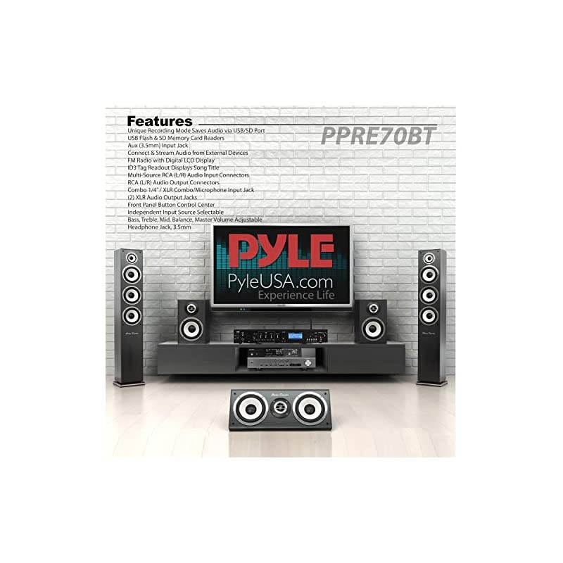 Rack Mount Studio PreAmplifier Audio Receiver System wDigital LCD Display Bluetooth FM Radio Recording Mode Remote Control USB Flash or SD Card Reader Input and Output Jack PPRE70BT