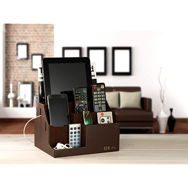 AllinOne Remote Control Holder Caddy Organizer Brown Leather Also Holds Phones Tablets Books Glasses 8 compartments up to 14 remotes