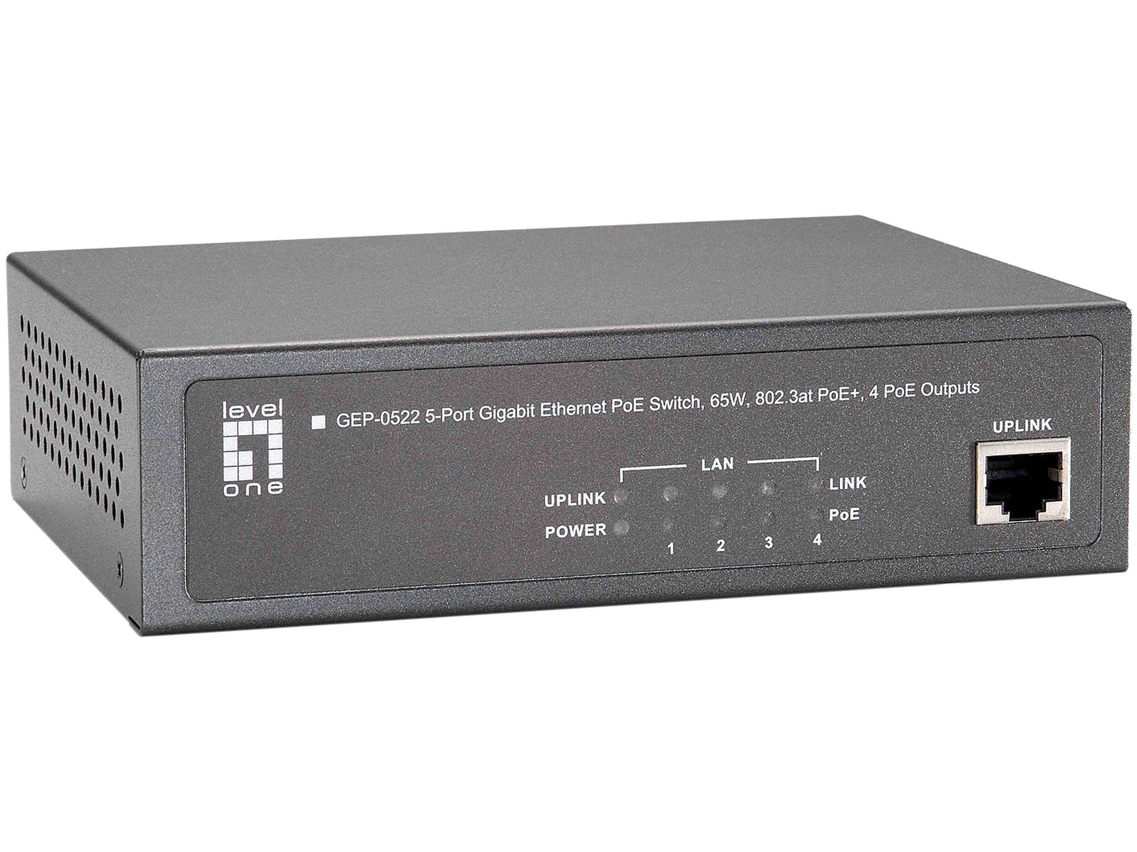 LevelOne GEP-0522 5-Port Gigabit PoE Switch, 65W, 802.3at/af PoE, 4 PoE Outputs