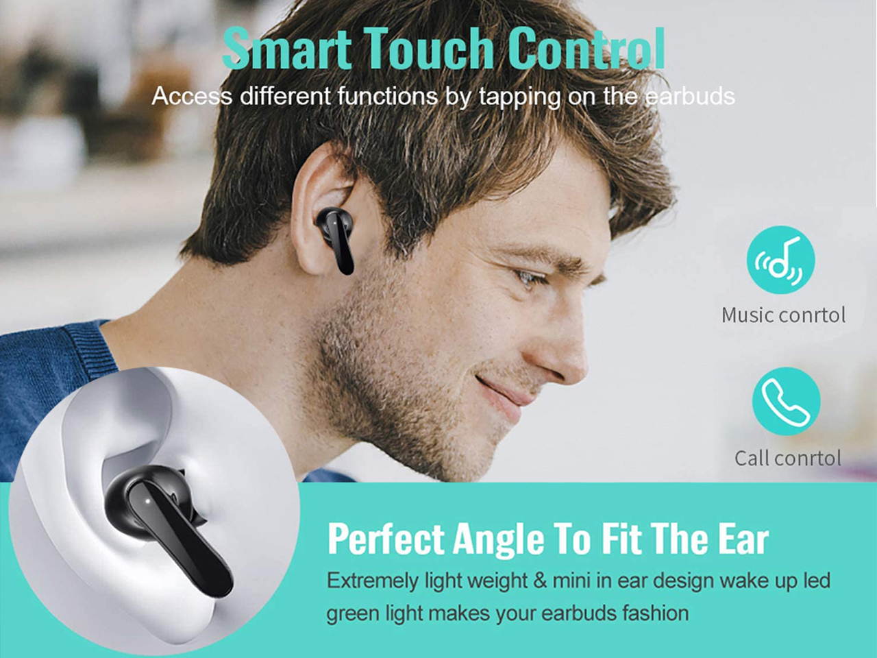 True Wireless Earbuds, S19 Bluetooth Earphones Upgraded with Built-in Microphone, 40H Play time, IPX6 Waterproof, Smart Touch Control for Gym Sport Wireless Headphone Stereo Sounds for mobilephone