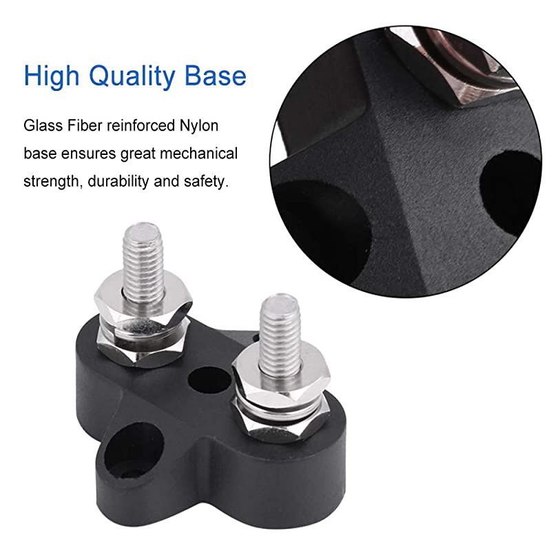 Dual Stud Power Ground Junction Block 2 Studs Bus Bar Terminal Block Heavy Duty M6 Positive Power Distribution Studs 1/4" (Black)