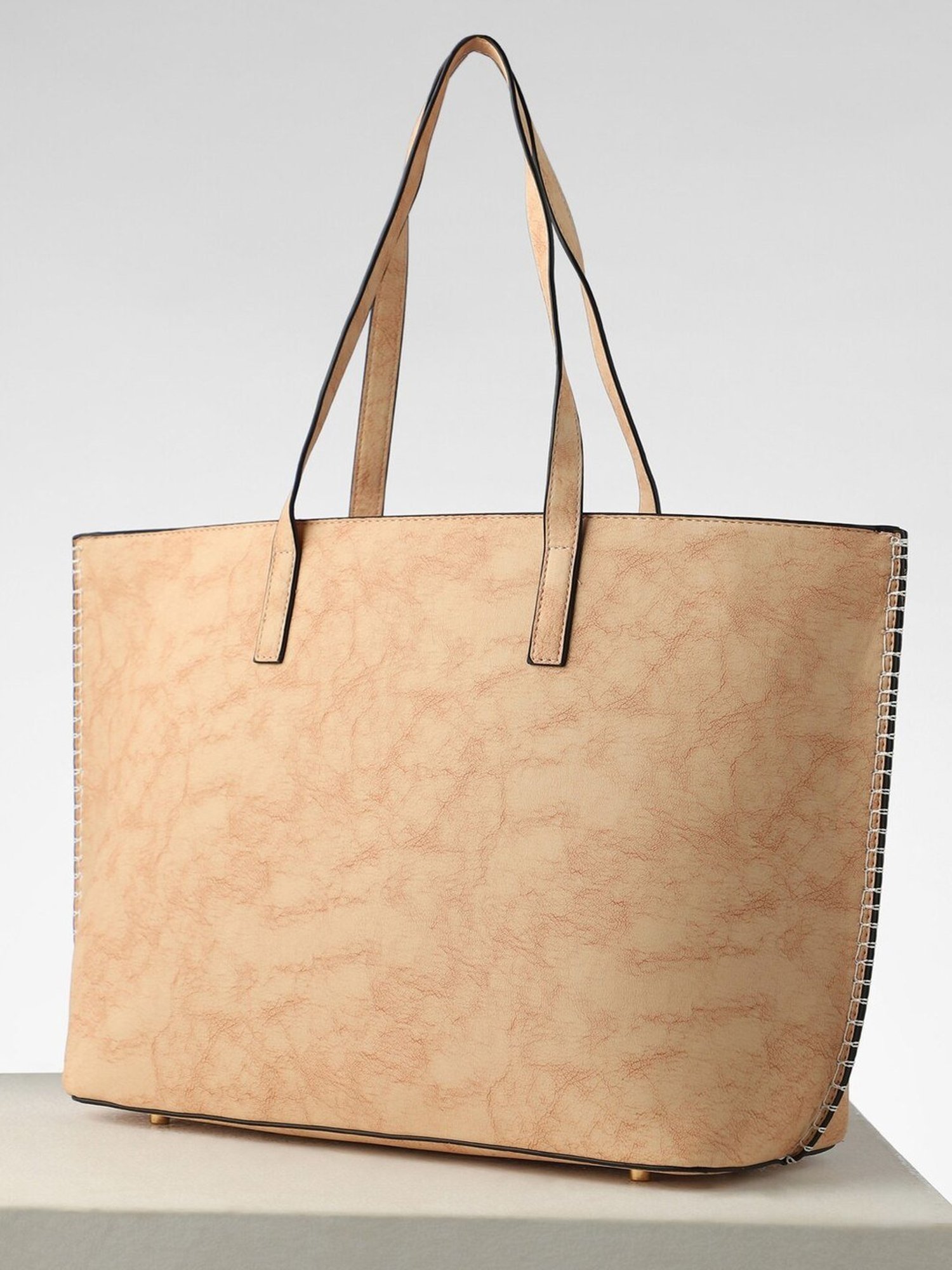 Allen Solly Beige Textured Medium Tote Handbag