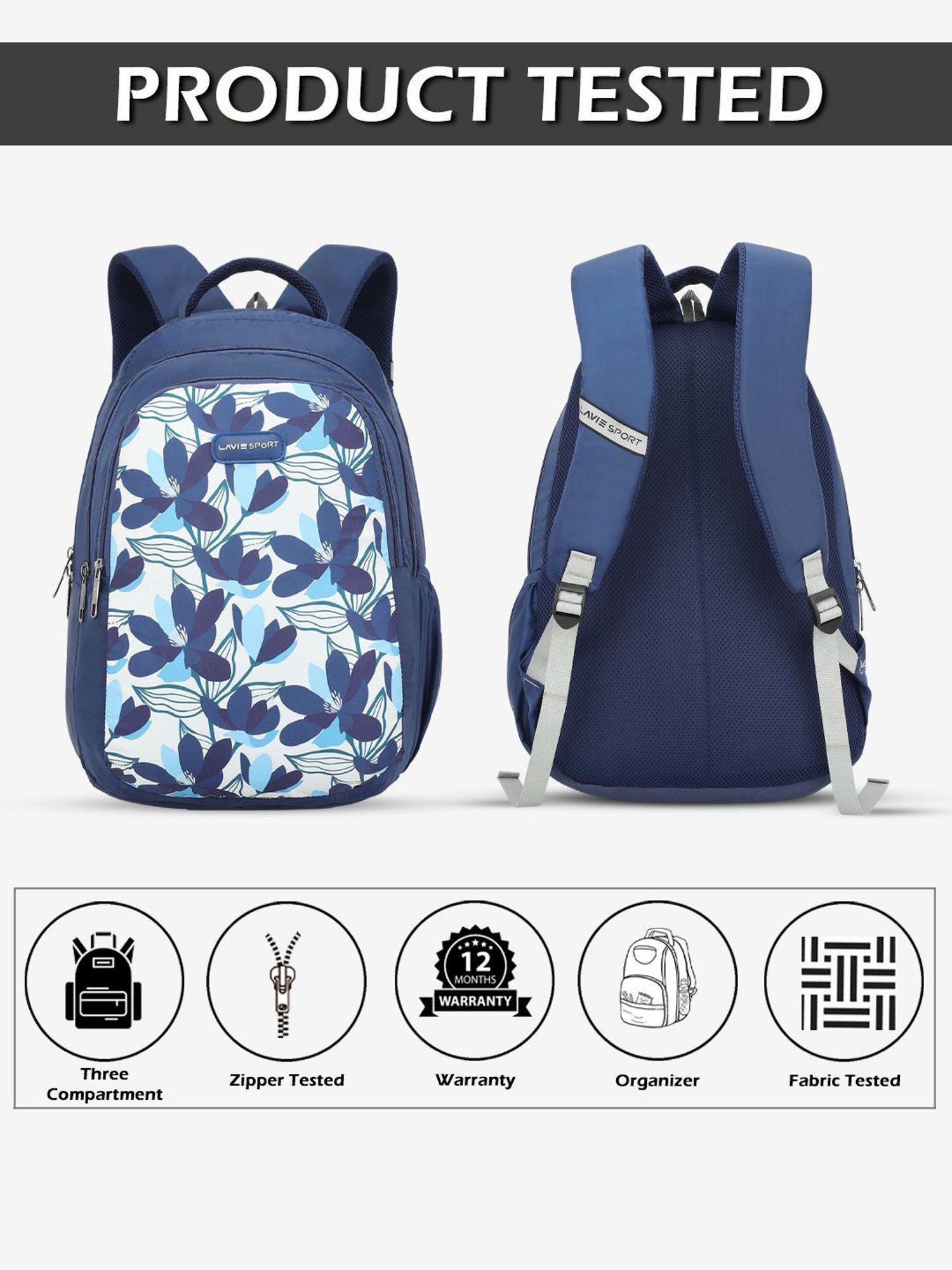 Lavie Sport Carolina Navy Polyester Printed Laptop Backpack - 26 Ltrs