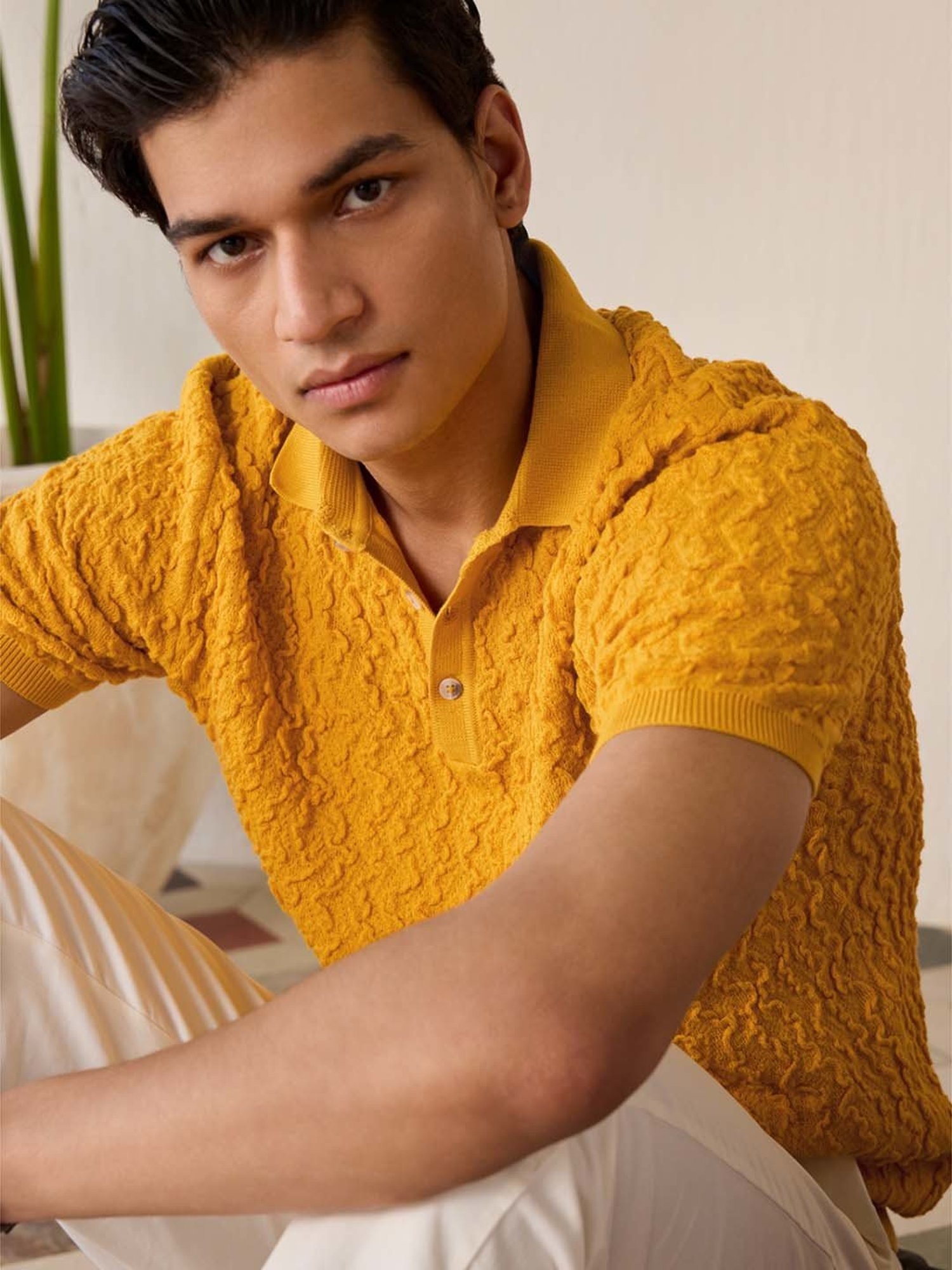 Andamen Yellow Cotton Regular Fit Self Pattern Polo T-Shirt