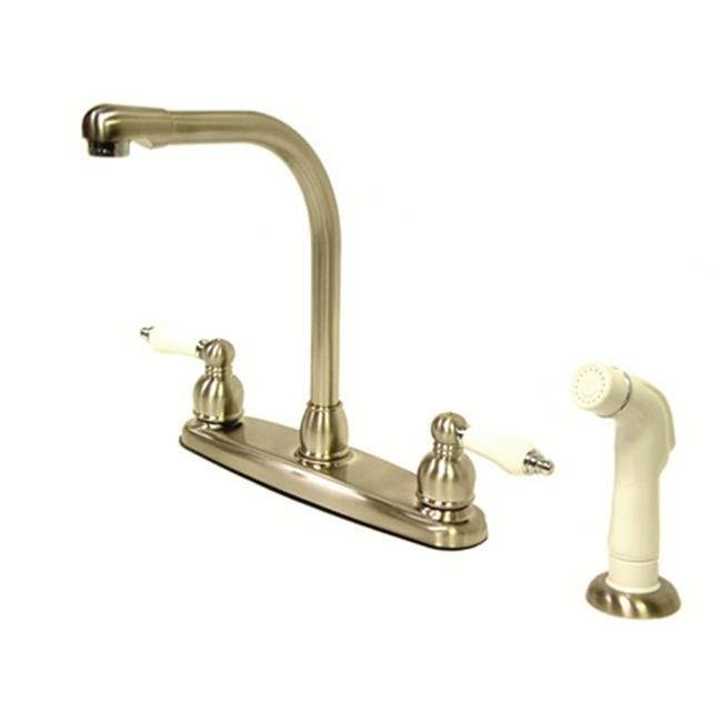 Kingston Brass GKB717 Water Saving Victorian High Arch Kitchen Faucet with Oak & Porcelain Lever Handles, Satin Nickel with Chrome