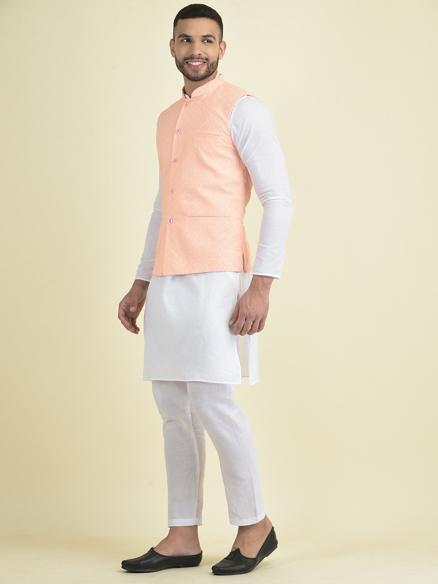 Deyann Peach & White Cotton Regular Fit Embroidered Kurta Set With Jacket