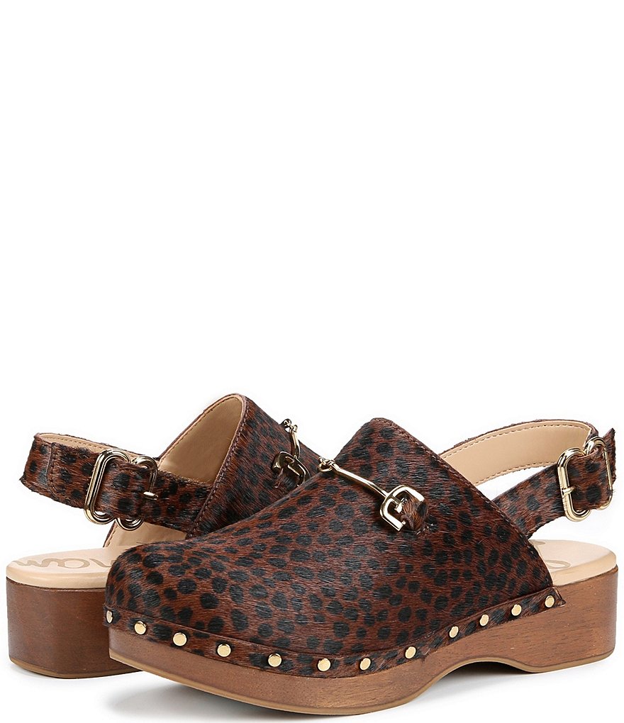 Sam Edelman Hilda Leopard Printed Calf Hair Studded Bit Buckle Clogs