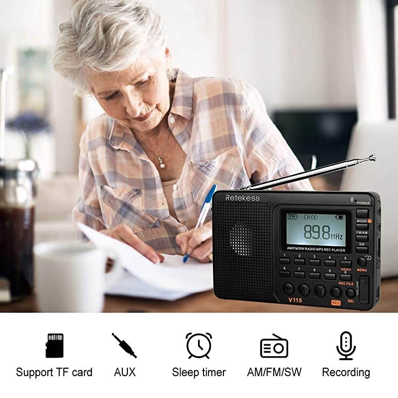 V115 Shortwave Radio AM FM Radio Digital Tuner Rechargeable Radio Support Recording Portable MP3 Radio with Bass and TF Socket Black
