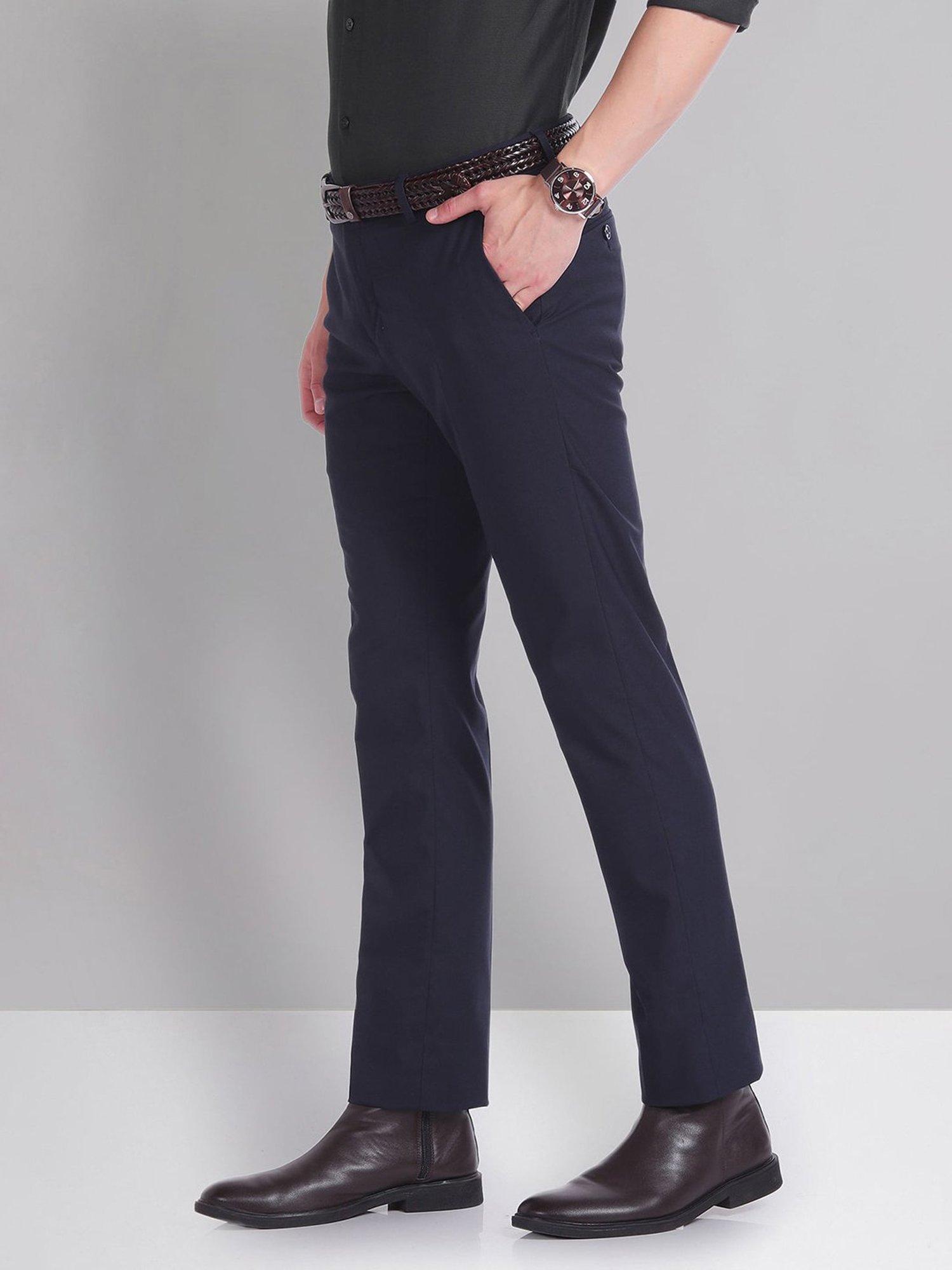 AD by Arvind Navy Slim Fit Flat Front Trousers