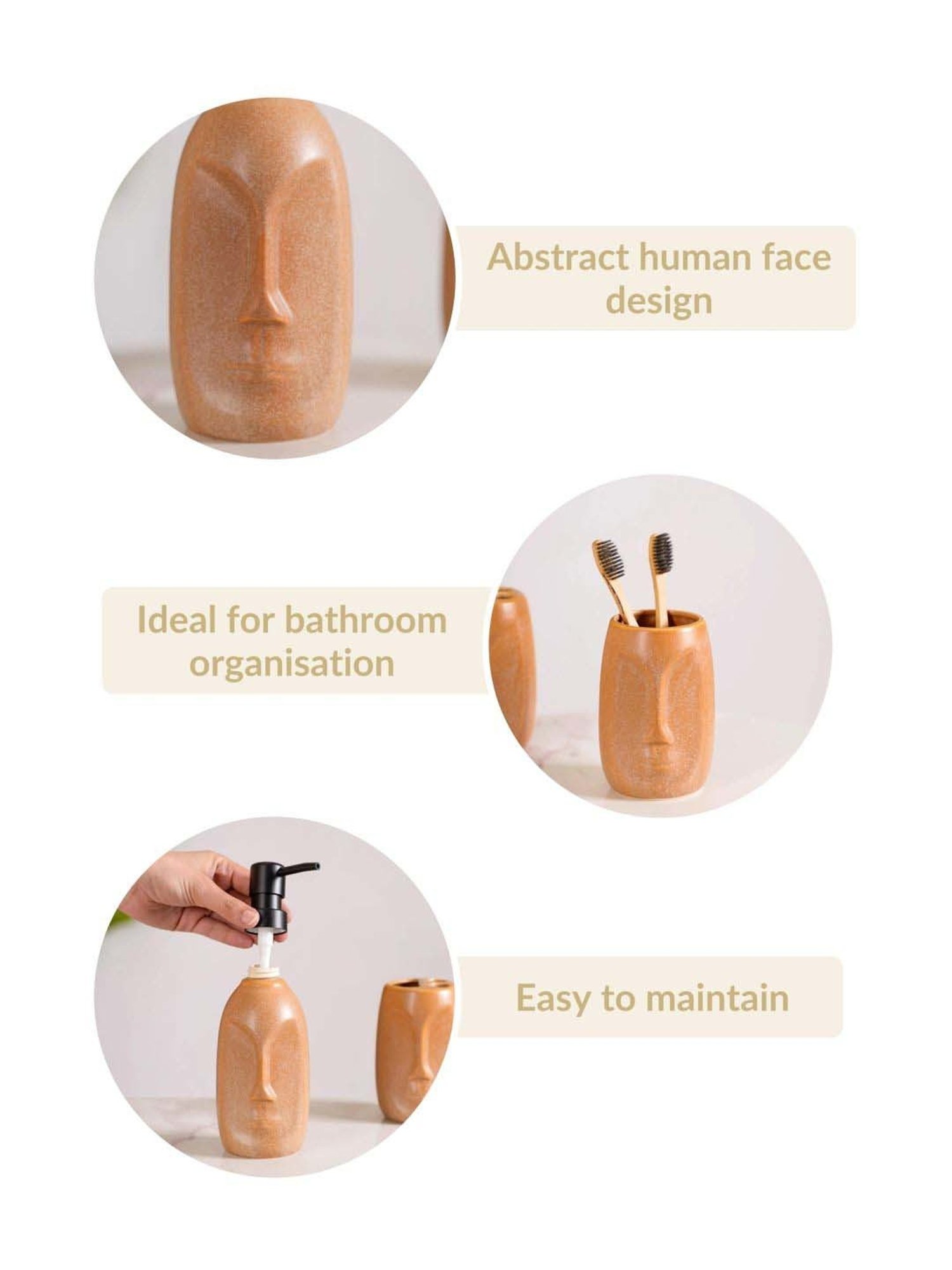 Nestasia Brown Color Abstract Human-Face Stoneware Design Ceramic Bathroom Accessories Set of 3