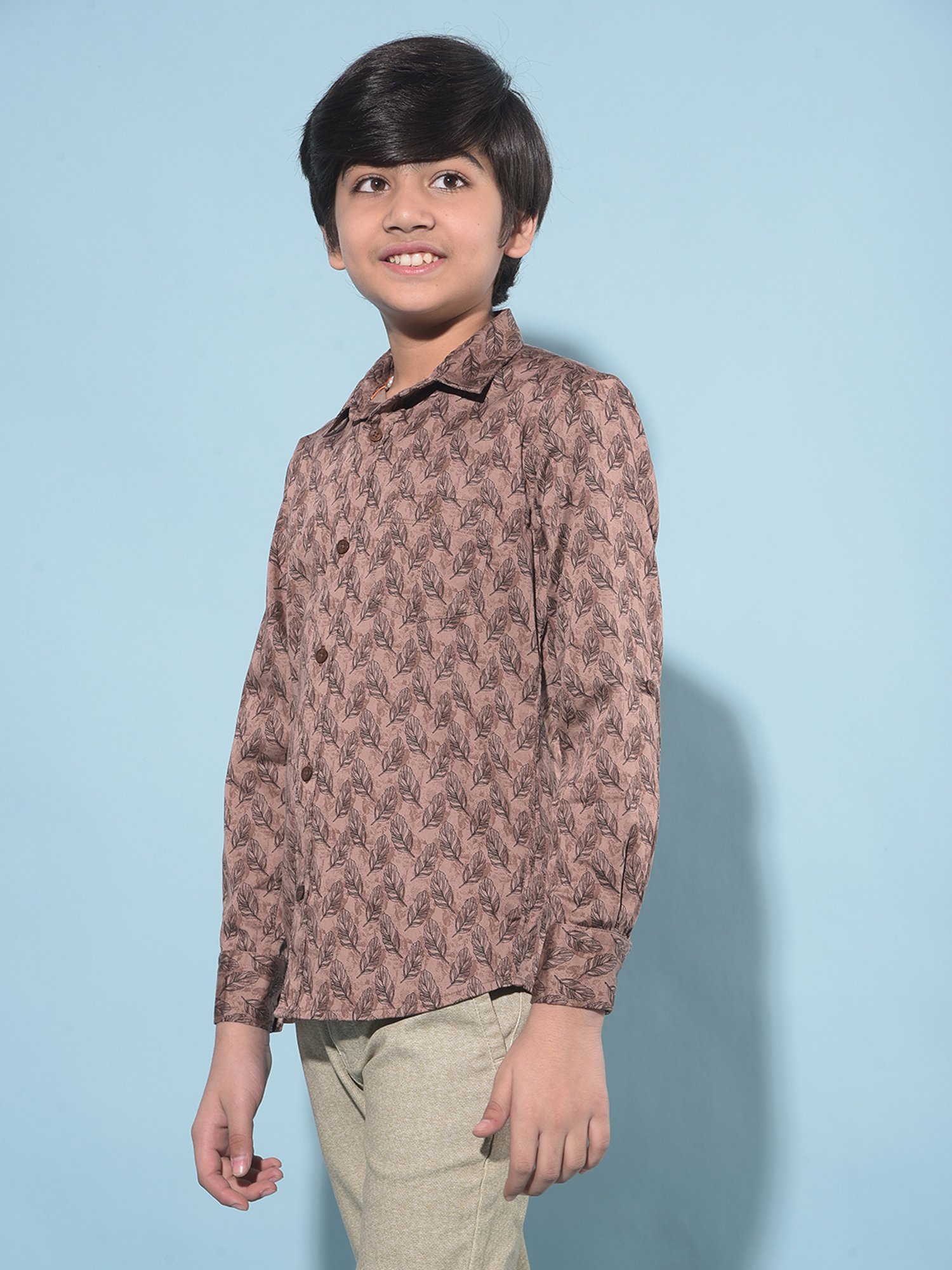 Crimsoune Club Kids Brown Printed Full Sleeves Shirt