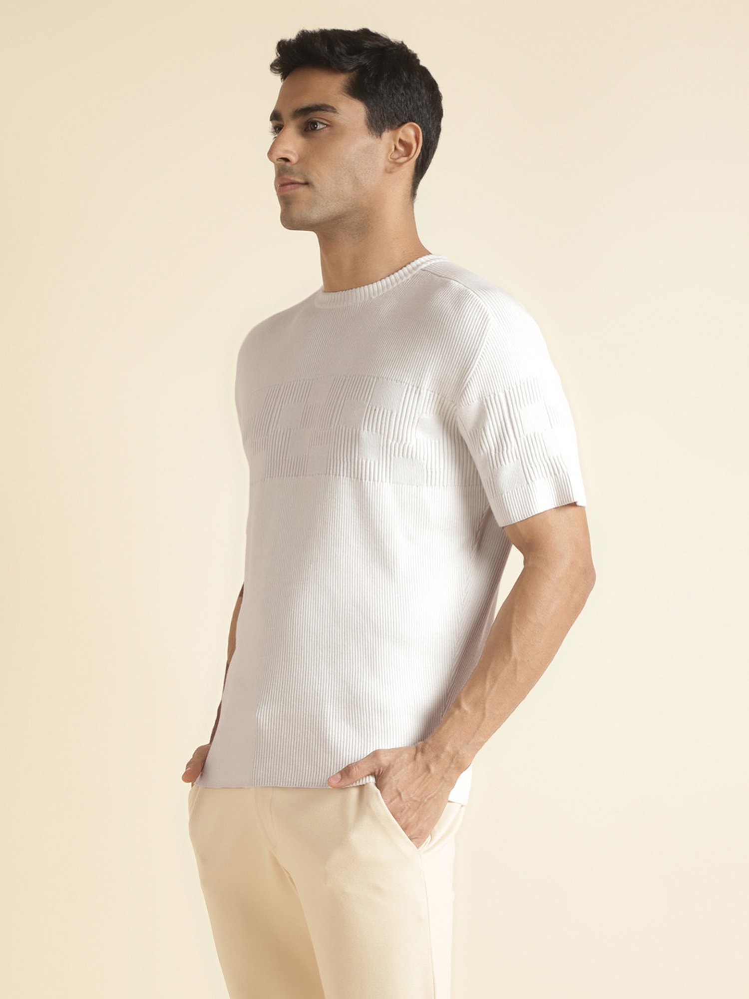 ANDAMEN Off White Regular Fit Self Design Cotton Crew T-Shirt