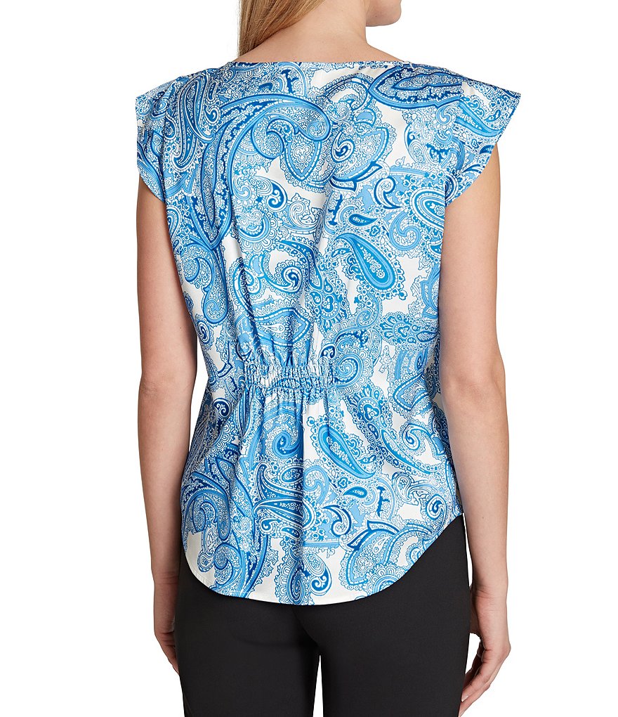 Tahari ASL Cap Sleeve Jewel Neck Pleat Front Satin Paisley Top