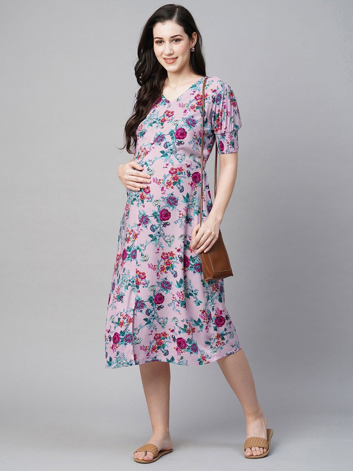 MomToBe Light Purple Floral Print Maternity Midi Dress