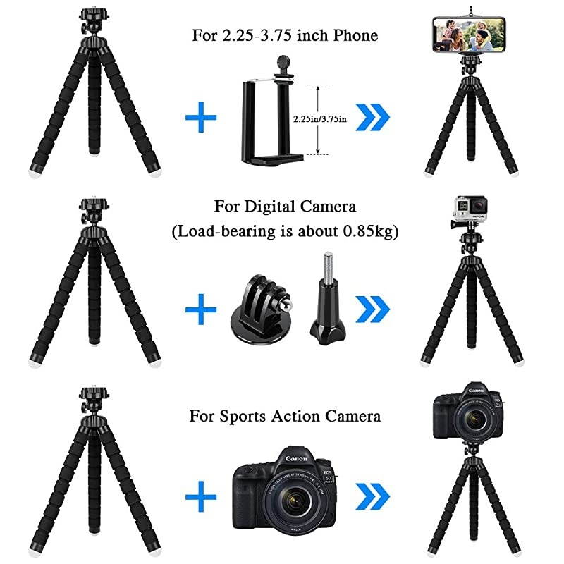 Phone Tripod, Flexible Cell Phone Selfie Stick Tripod Stand Camera Tripod Holder with Wireless Bluetooth Remote and Universal Clip for iPhone, Android Phone, Sports Camera GoPro