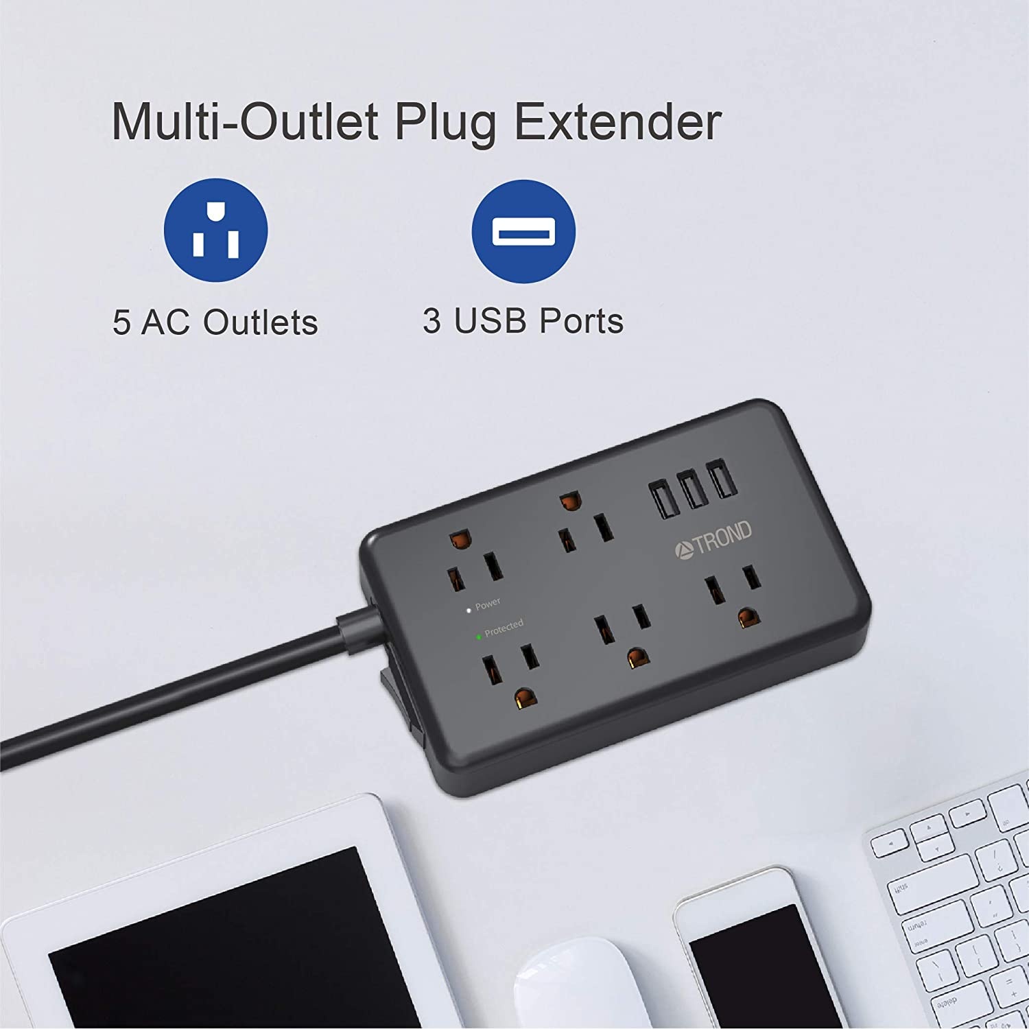 TROND Power Strip Surge Protector with USB Ports, Multiple Outlet Expansion, Low Profile Flat Plug, for Home Office Desktop