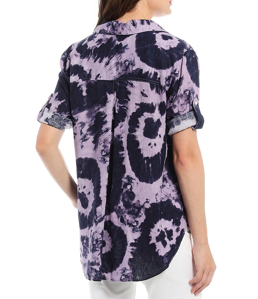 Westbound Tie Dye Roll Sleeve Y-Neck Popover Top