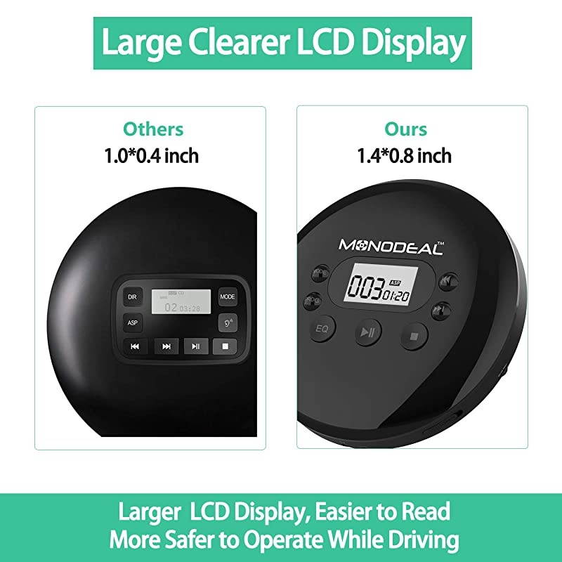 Portable CD Player,  Rechargeable Personal Compact Disc CD Player with Headphones, Anti-Skip Small Walkman Music CD Player for Cars Adults Kids Students (with Larger LCD Display)