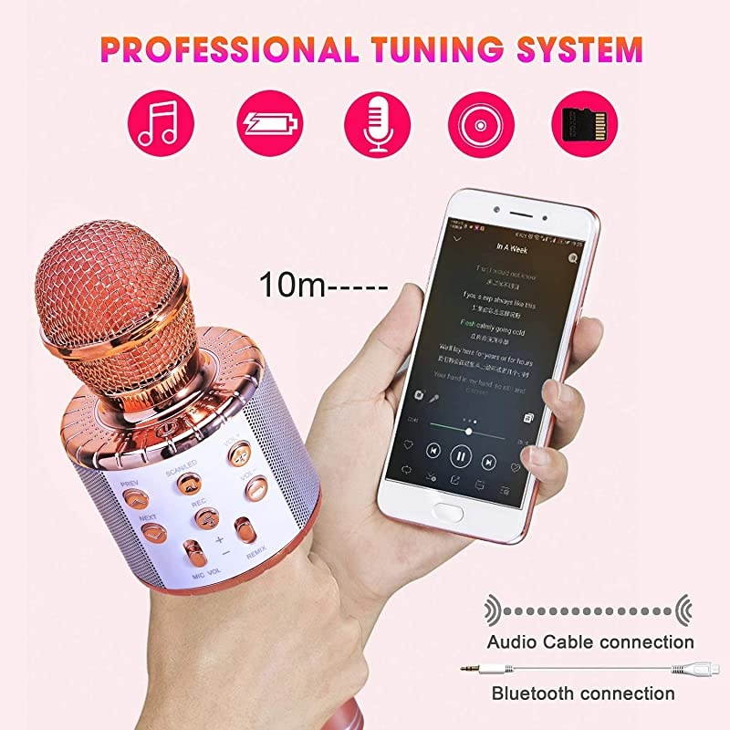 Bluetooth 4 in 1 Karaoke Wireless Microphone with LED Lights, Portable Microphone for Kids, Girls, Boys and Adults (Pink)