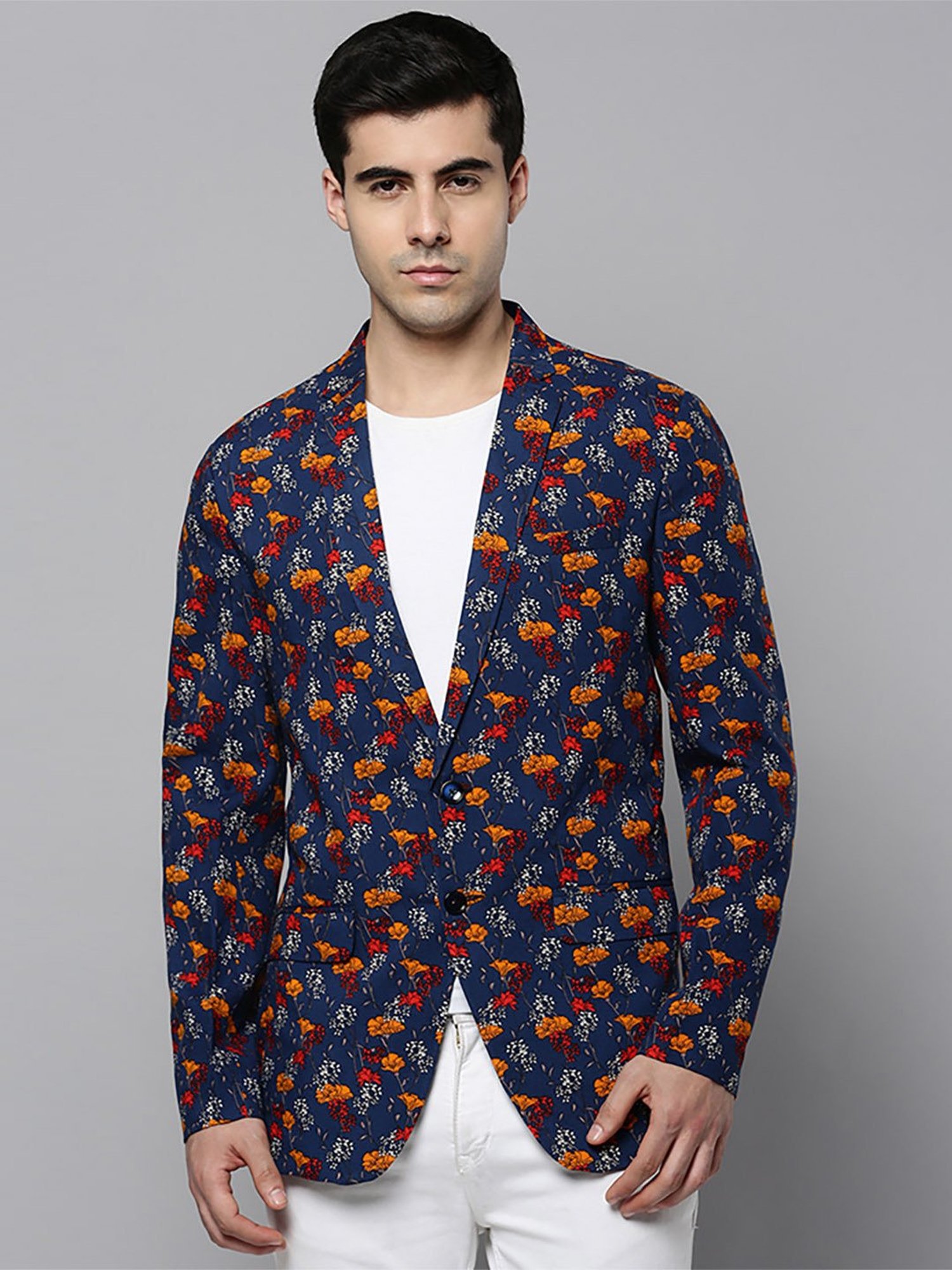 SHOWOFF Navy Blue Cotton Slim Fit Floral Print Blazer