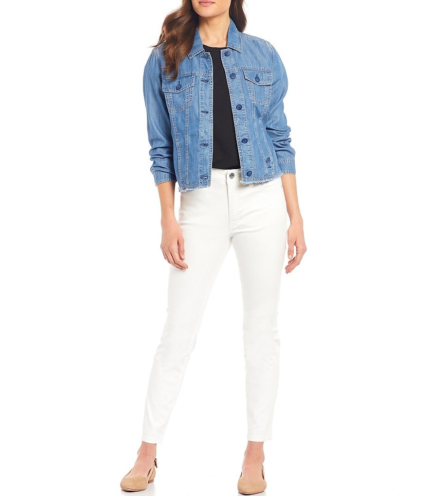 Tommy Bahama Chambray O'lei Cropped Frayed Hem Denim Jacket