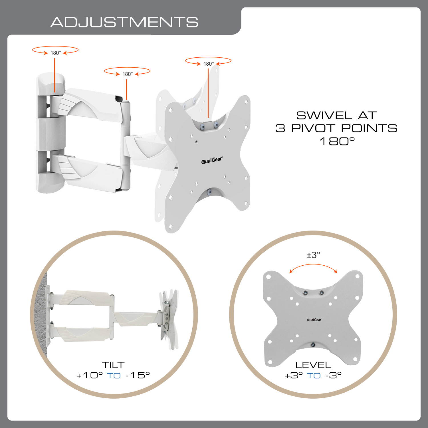 QualGear QG-TM-005-WHT 23-Inch to 42-Inch Premium Quality Contemporary Style Ultra Low Profile Full Motion TV Wall Mount LED TVs, White [UL Listed]