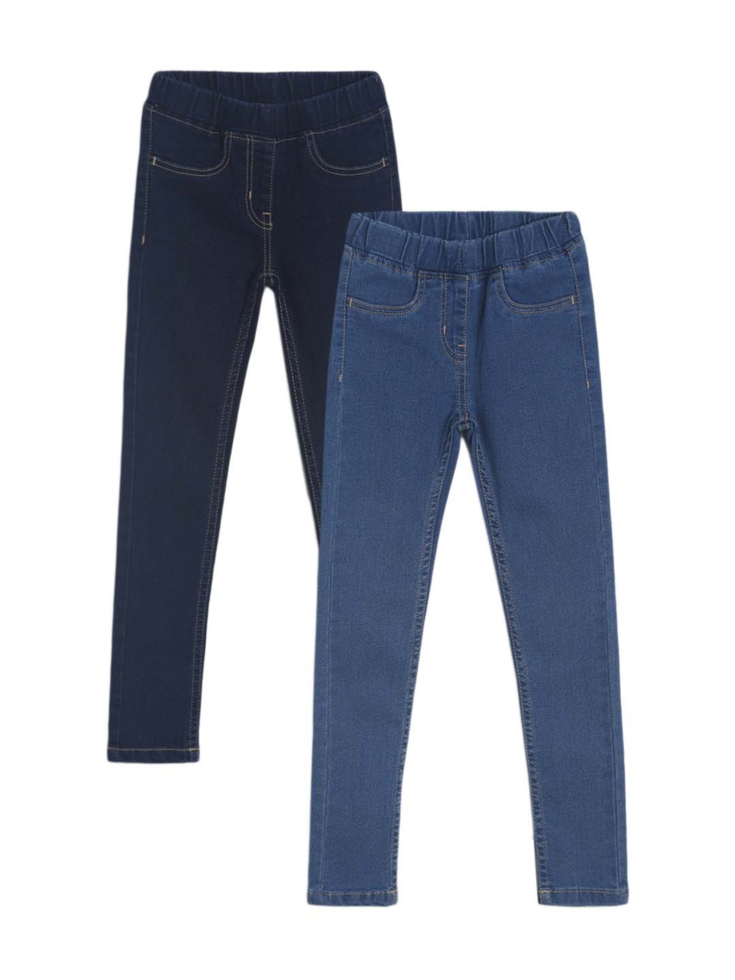 Tales & Stories Girls Dark Blue & Blue Cotton Jeggings - Pack of 2