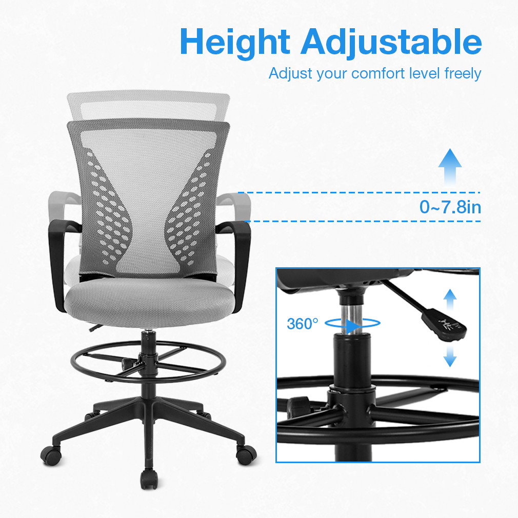 Drafting Chair Tall Office Chair Adjustable Height with Arms Foot Rest Back Support Rolling Swivel Desk Chair Mesh Drafting Stool for Standing Desk Adults Men(Grey)