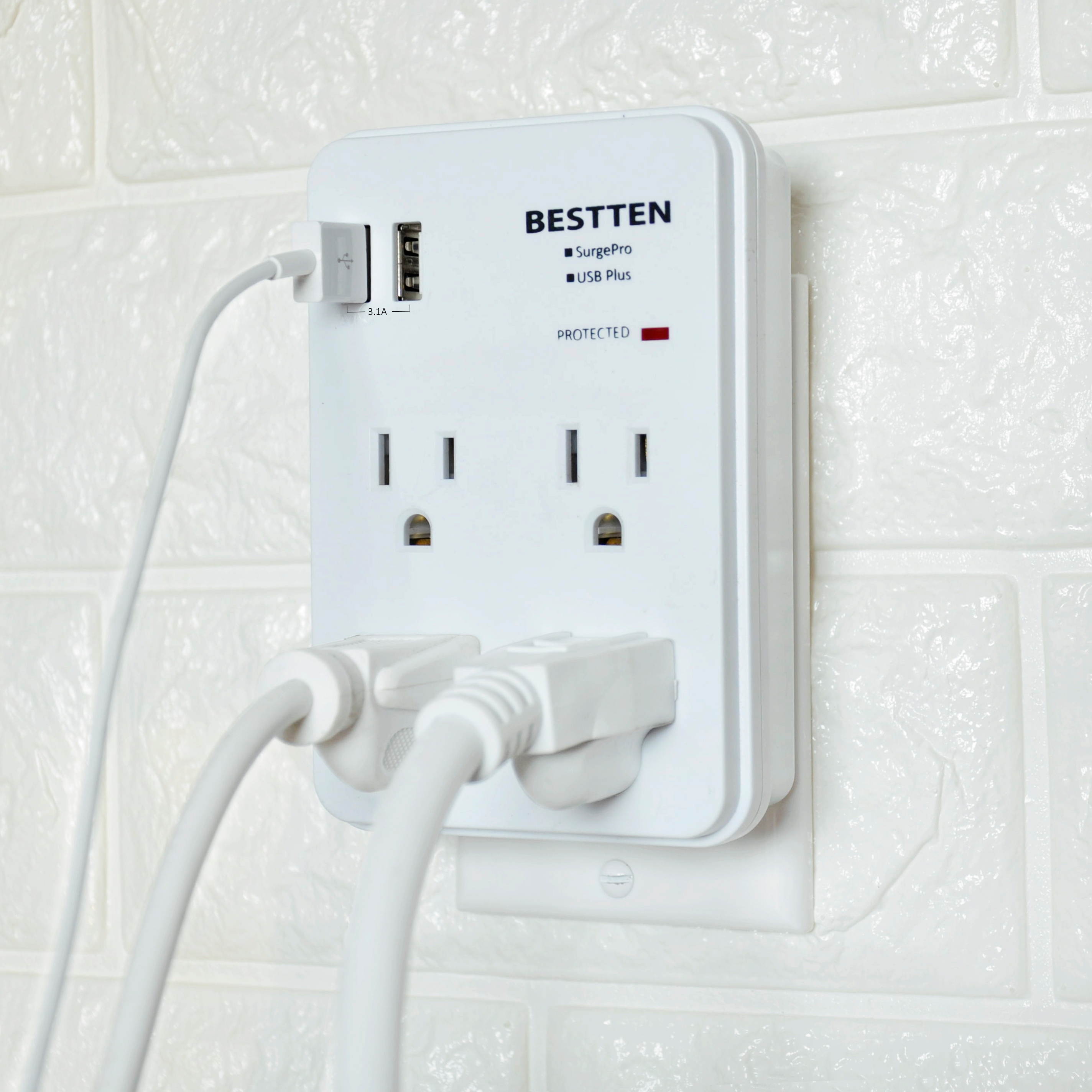 BESTTEN Slim Multi Wall Tap Outlet Adapter Surge Protector with 2 USB Charging Ports (2.4A/Port, 3.1A Total) and 4 Electrical Sockets, ETL Certified, White