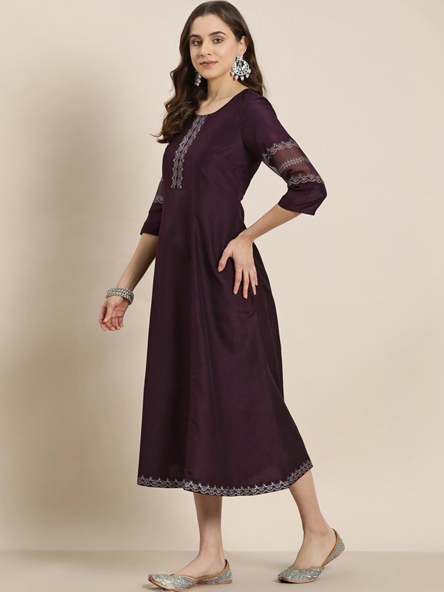 Ziyaa Purple Printed A-Line Dress With Dupatta
