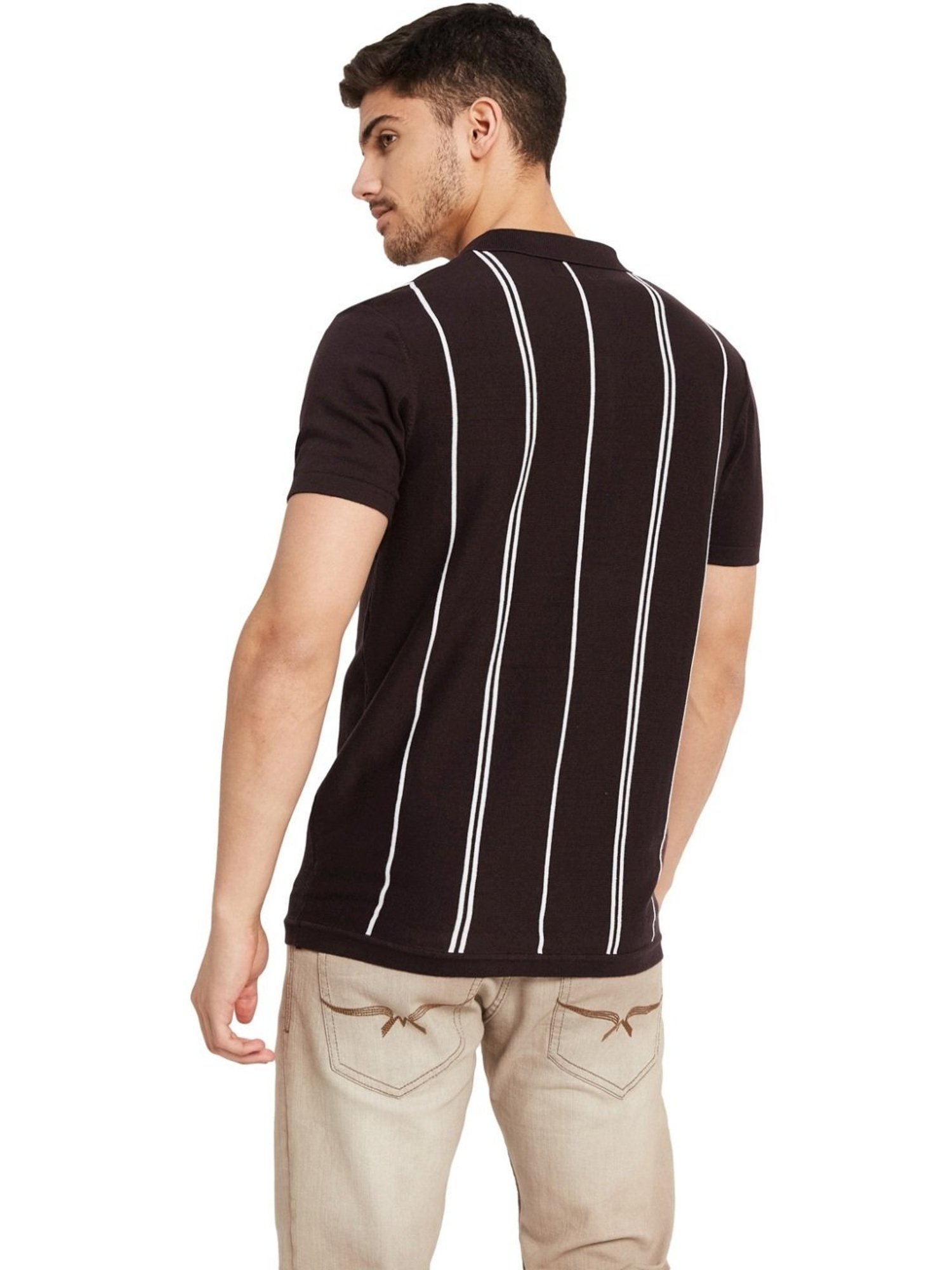 METTLE Wine Cotton Regular Fit Striped Polo T-Shirt
