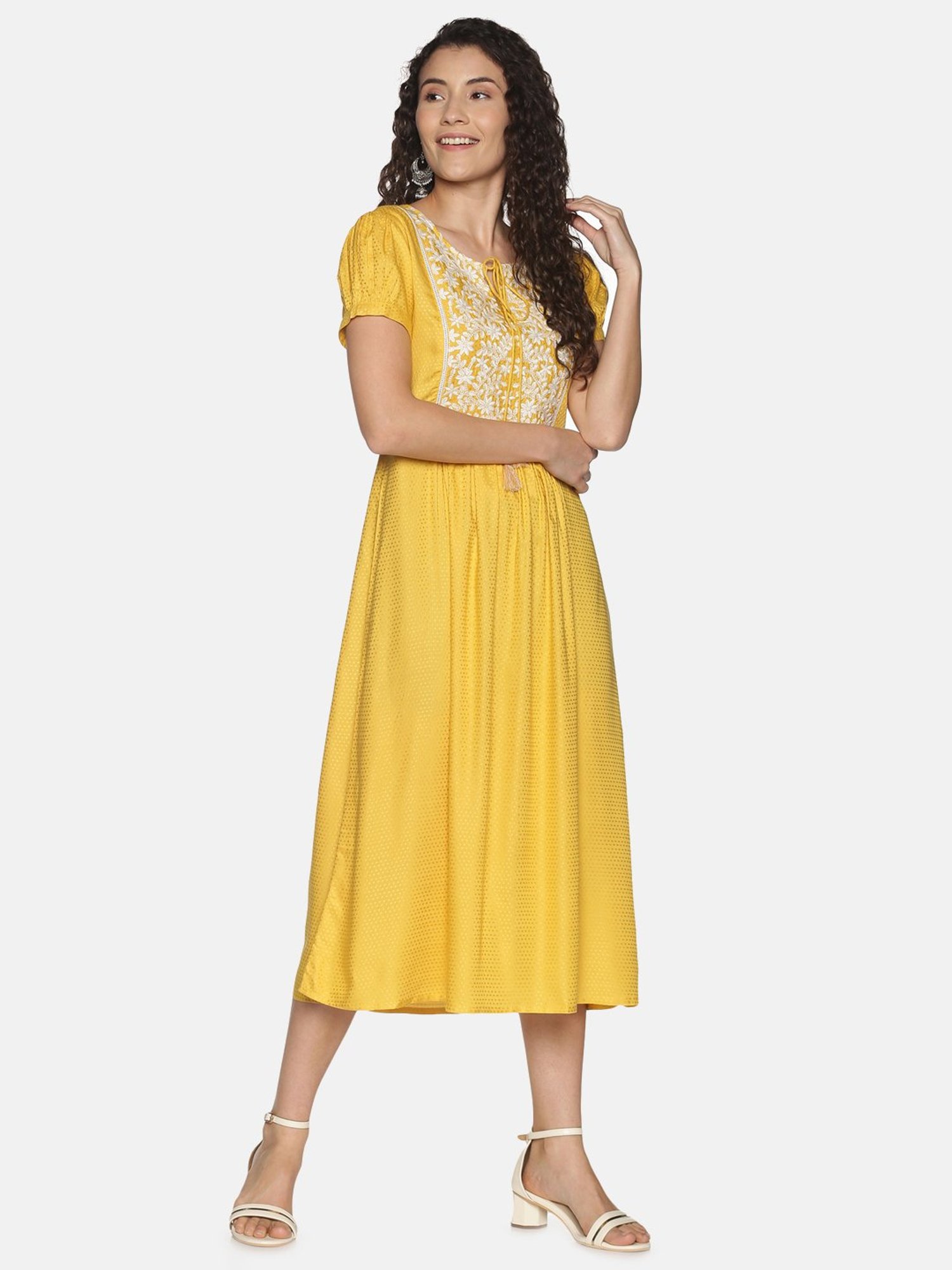 Saffron Threads Yellow Rayon Embroidered Midi Dress