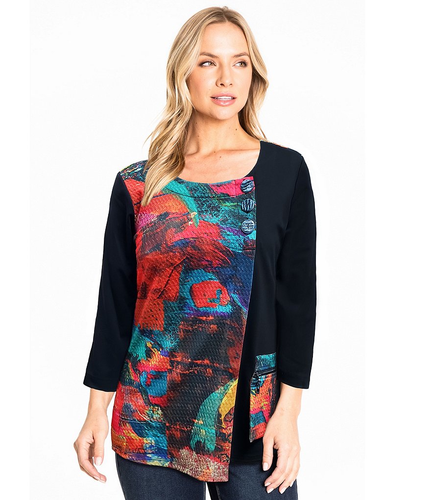 Eva Varro Animal Print Knit Jersey 3/4 Slit Sleeve Tunic