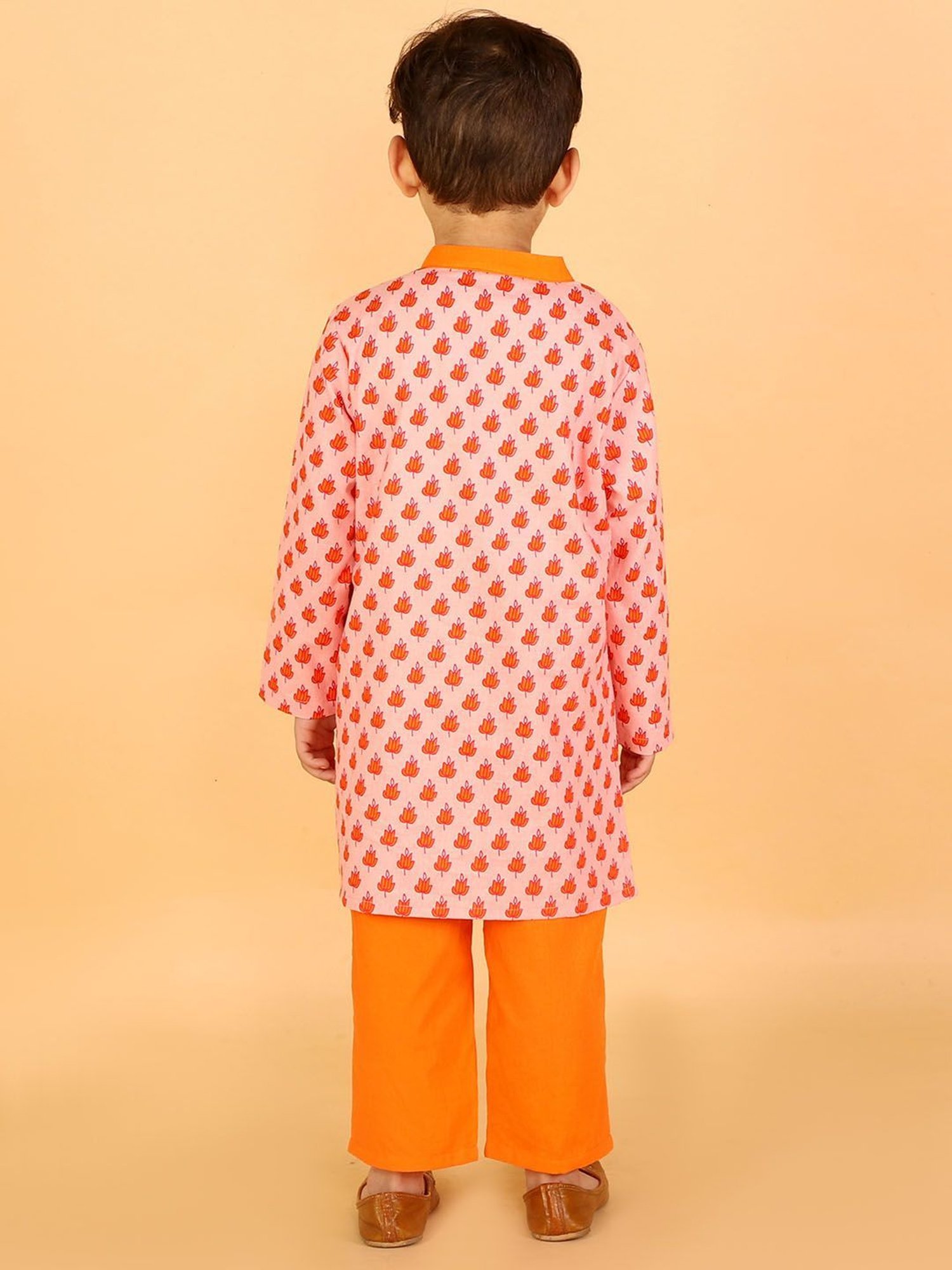 Lil Drama Kids Light Pink & Orange Floral Print Full Sleeves Kurta with Pyjamas