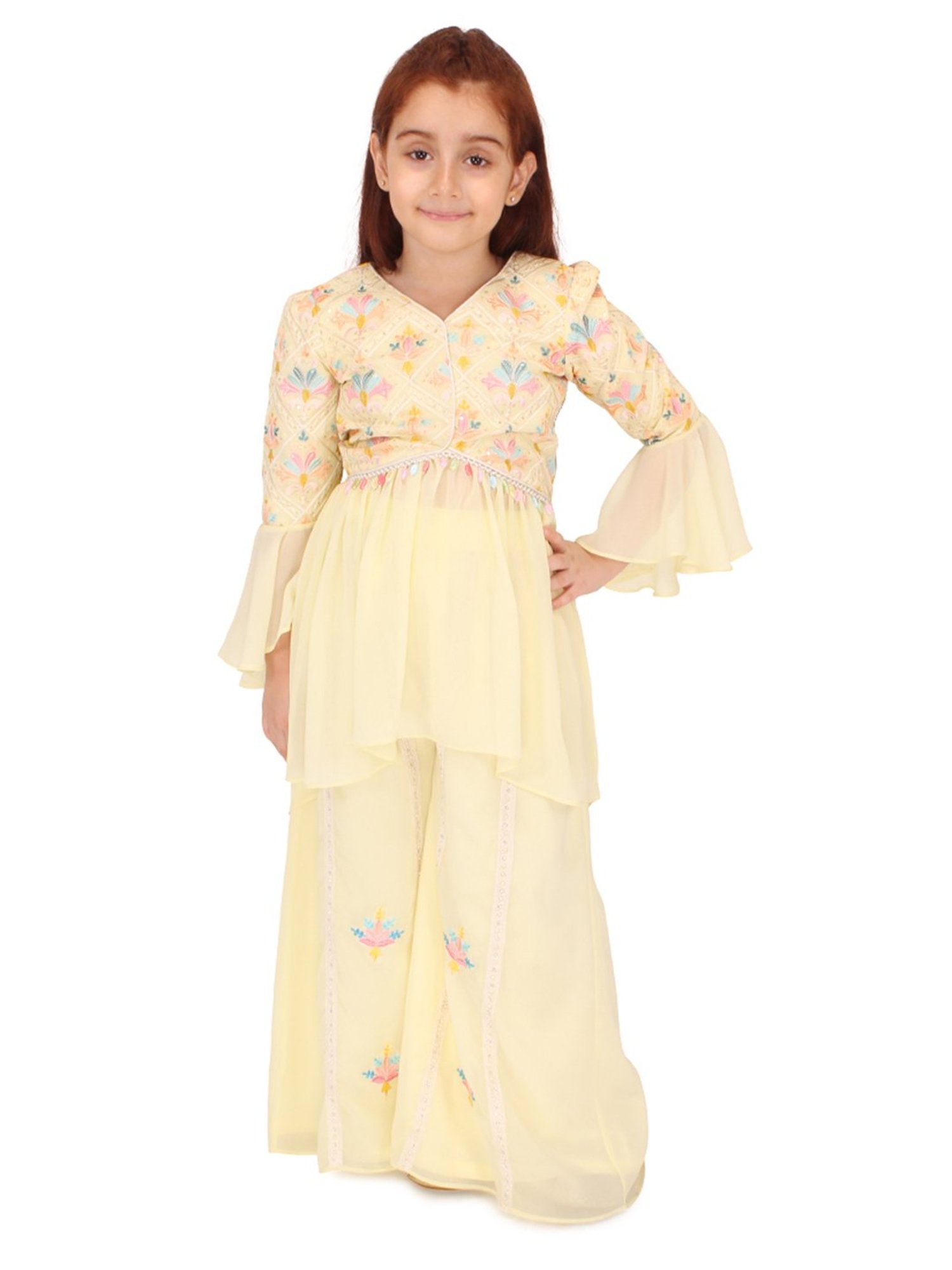 Cutecumber Kids Yellow Embroidered Full Sleeves Kurta with Plazzos