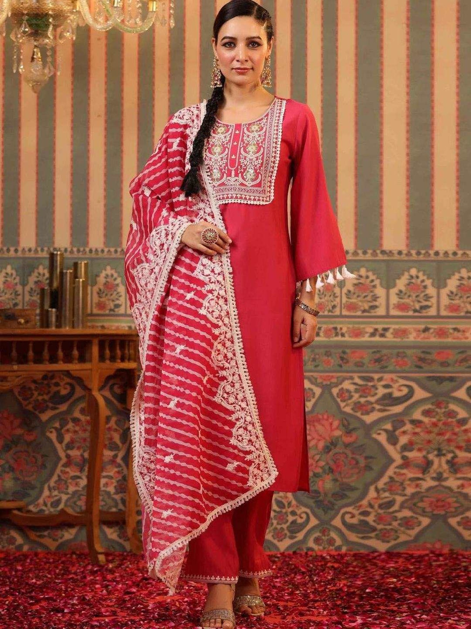 SCAKHI Pink Modal Embroidered Kurta and Pant With Organza Leheriya Dupatta
