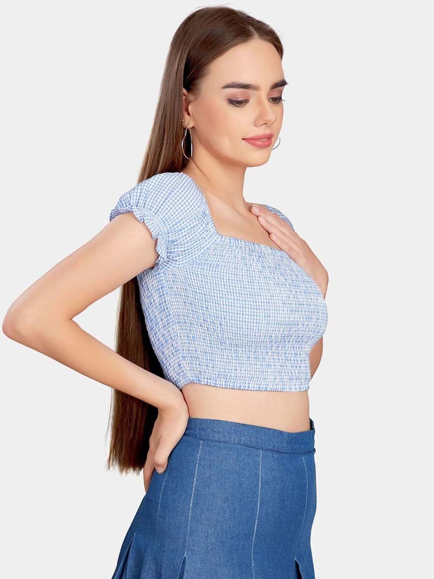 VASTRADO Blue Chequered Crop Top