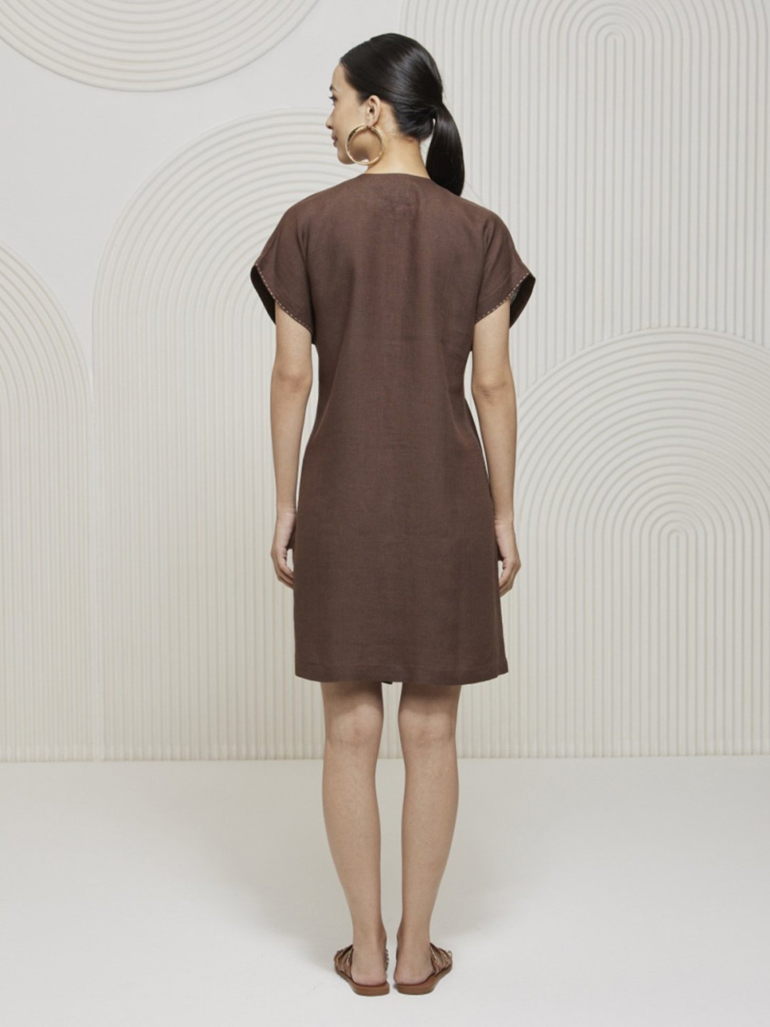 Artagai Chocolate Kantha Extended Sleeve Dress with Front Tie Up