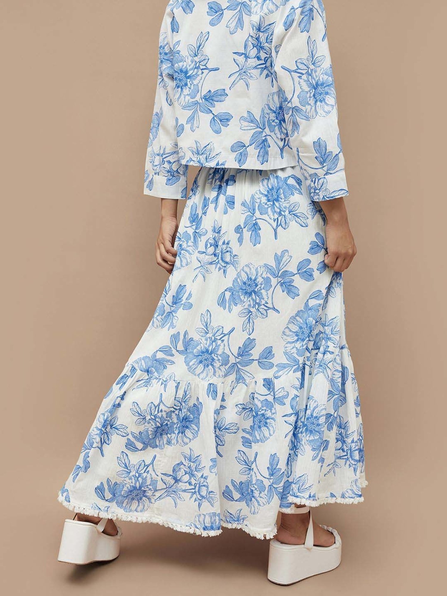 Colour Me by Melange White & Blue Cotton Floral Print Maxi Skirt