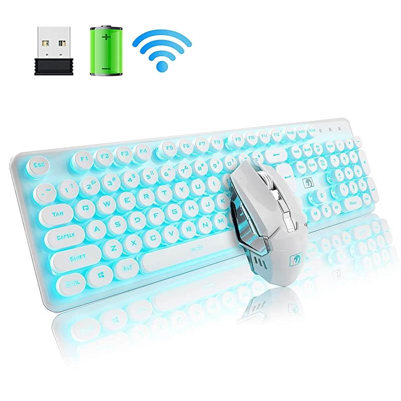 Keyboard and Mouse Combo Suspended Keycap Mechanical Feel Backlit 2.4G Wireless Gaming Keyboard & Mouse Adjustable Breathing Lamp for Laptop Computer and Mac (White Punk/Blue Light)