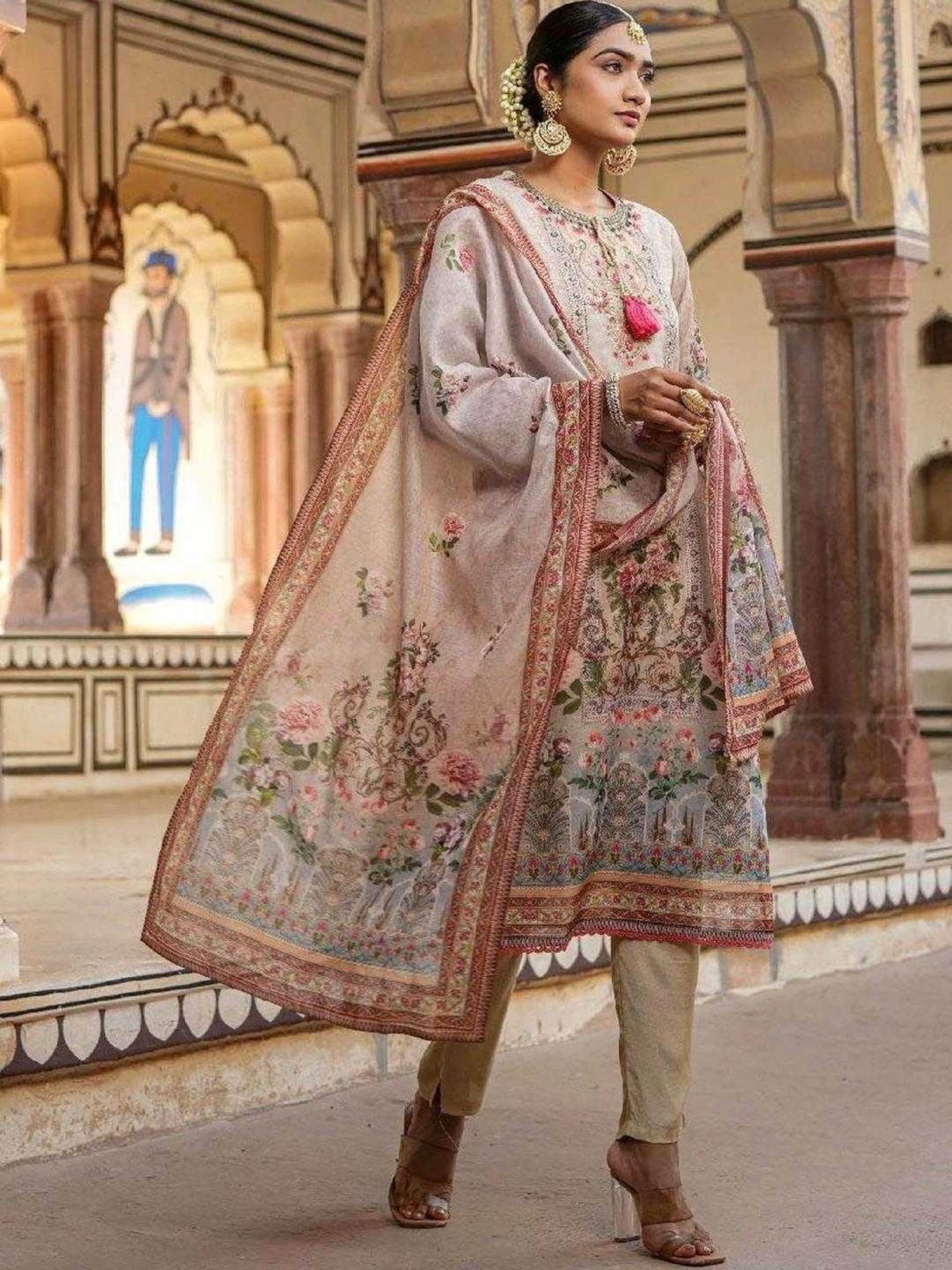 Scakhi Beige Chanderi Floral Print Pakistani Kurta and Pant With Dupatta