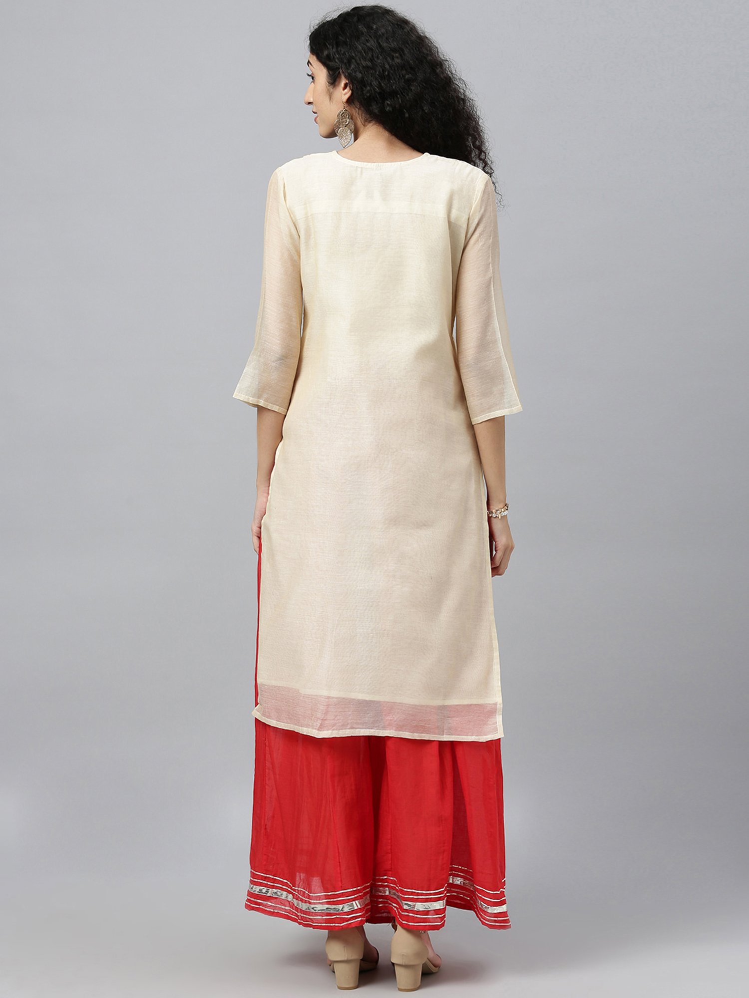 Geroo Jaipur Beige Hand Embroidered Chanderi Silk Kurta with Red Palazzo
